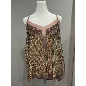 Sparkling ASOS‎ Sequin Cami Top Pink Mauve V Neck Spaghetti Strap Women size 8